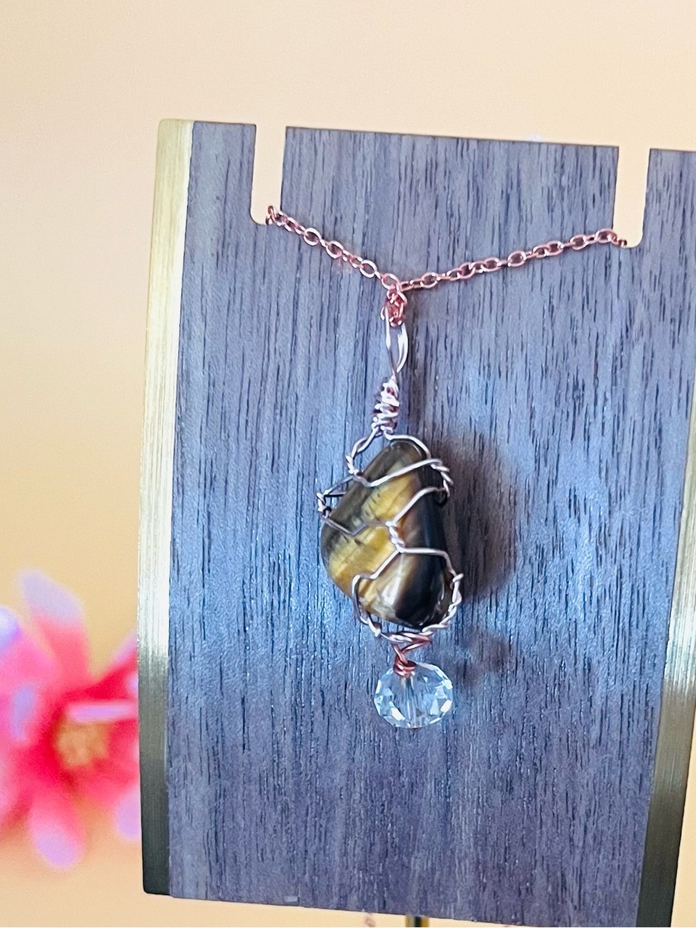 Rose gold plated wire wrapped Tigers eyes pendant pendant